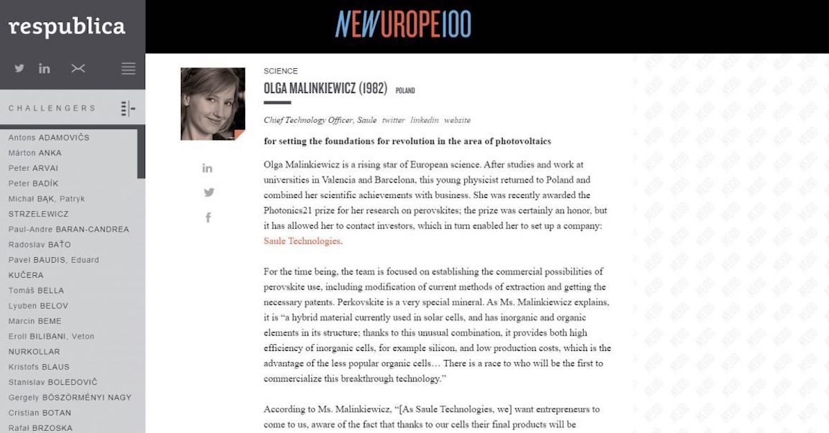 Olga Malinkiewicz featured in the New Europe 100 List
